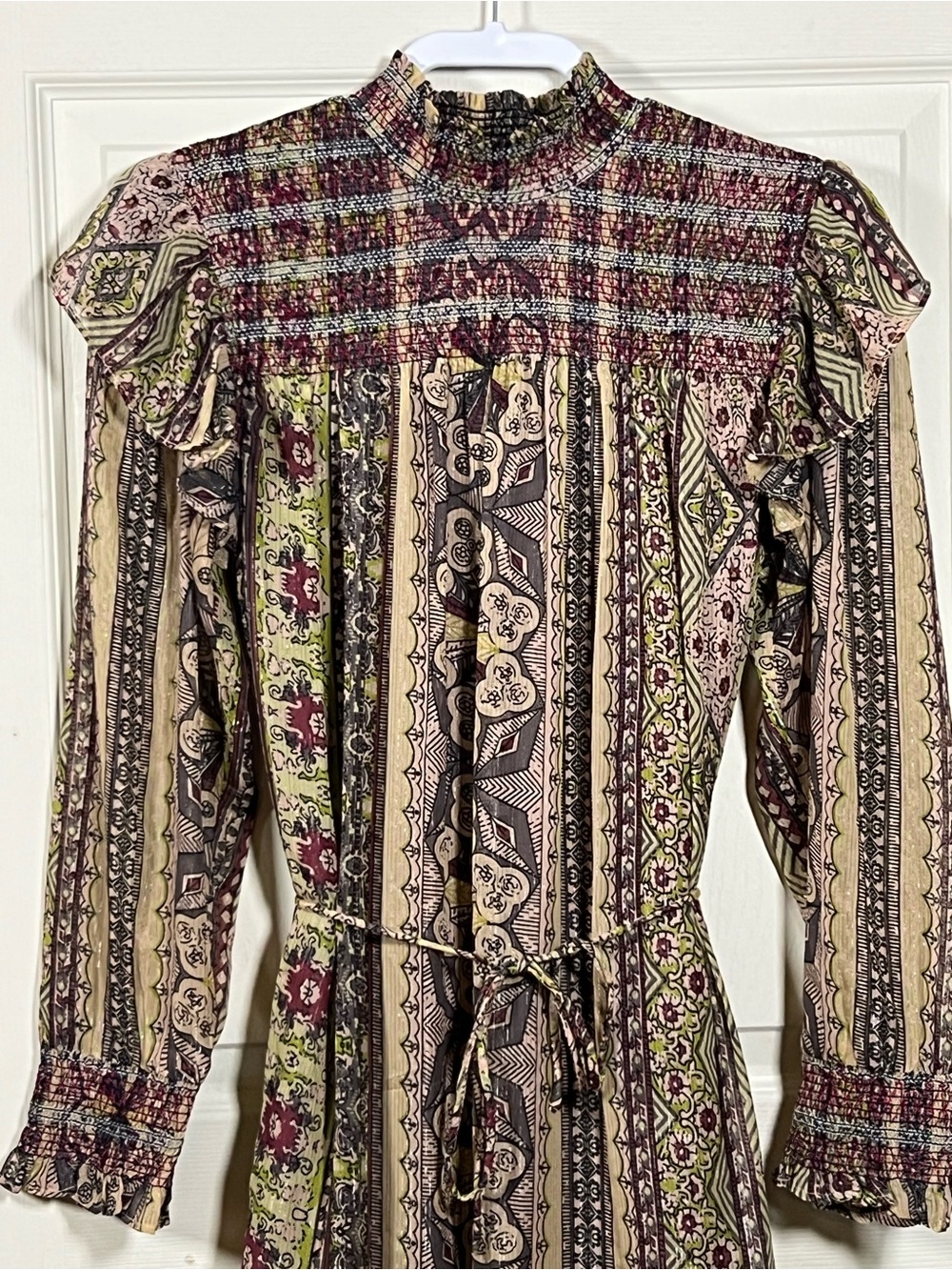 Anthropologie Llani Olive Green Boho Floral-Print Maxi Dress, tie waist, smocked - Picture 4 of 7